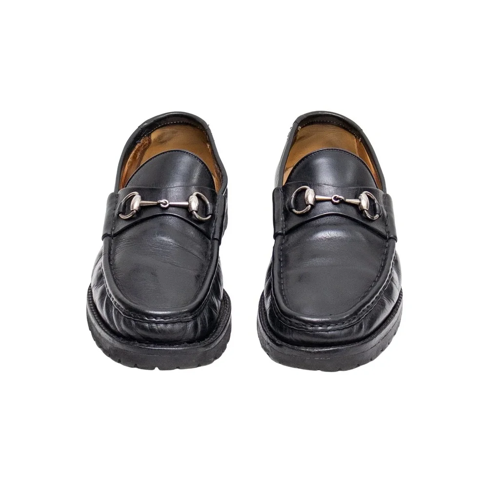 Gucci Vintage Mens Black Leather Horsebit Loafers Vibram Lug Sole Size 10